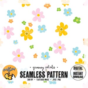 Groovy Floral Seamless Pattern: 70s Retro Flower Power (PNG, JPG - Commercial Use)