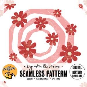 May include: A seamless pattern featuring pink and red stylized flowers in a swirling pattern. The text "hypnotic blossoms. SEAMLESS PATTERN 300 DPI FLATTENED IMAGE JPEG | PNG" is at the bottom of the image.