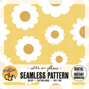 White Flowers on Yellow Seamless Pattern | Retro Daisy Digital Paper | 12x12&quot; 300 DPI | Floral Print for Sublimation, Scrapbooking & Crafts