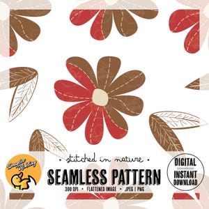 Puede incluir: Un patrón sin costuras con flores estilizadas rojas y marrones con hojas. El patrón se describe como "cosido en la naturaleza" y está disponible para descargar digitalmente.