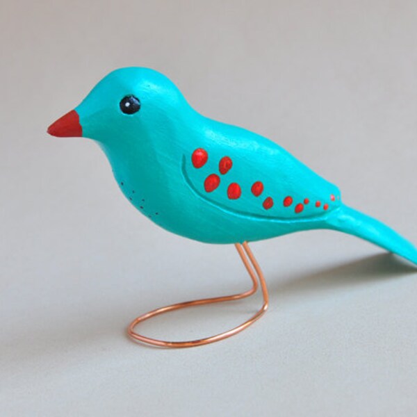 Spring Decor, Wood Carving, Easter Colors, Colorful Blue Bird with Red Dots