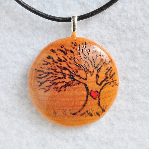 Tree of Life with Valentine Heart Pendant, Wood Burned Jewelry with Necklace for Gift Idea SALE SHOP CLOSING