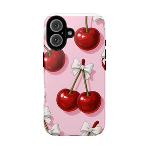 Phone Case: Cherry and Bow Design, Protective iPhone Cover, Tough Silicone Shell, Cute Red Fruit Print, Unique Gift