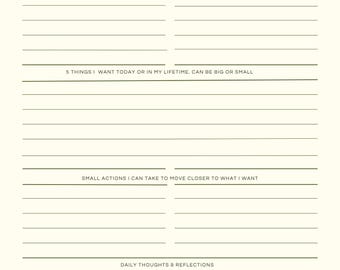 May include: A cream-coloured daily planner page with the text "DAILY GOALS & REFLECTIONS" at the top. The page includes prompts for a brain dump, goals, and reflections. The text "DATE" is in the upper right corner.