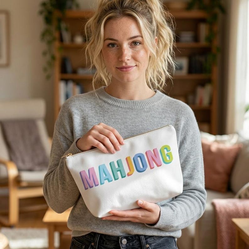 May include: A white zippered pouch featuring the word MAHJONG printed in large, three-dimensional block letters. The letters are colored in a gradient of purple, teal, orange, blue, and green, creating a vibrant and playful aesthetic on the bag.