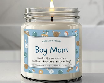 Boy Mom Gift - Boy Mom candle gift with cute boy illustrations, 9oz soy candle