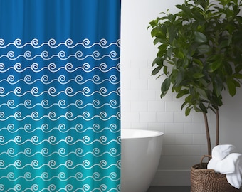 Blue Coastal Shower Curtain, Beach House Decor with Waves, ombre shower curtain