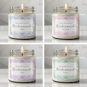 Personalized Bridesmaid Candle, 4 colors available to make a set of 4, Custom Bridal Proposal Gifts, 9oz soy wax candle, sold separately