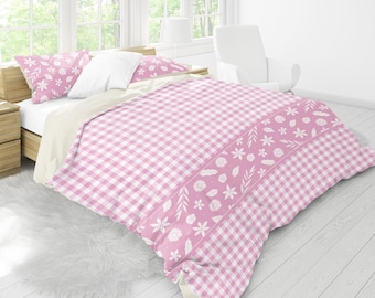 Juego de funda nórdica de cuadros vichy rosas, ropa de cama estilo cottagecore coqueto, fundas de almohada florales, decoración romántica para el dormitorio, tamaño individual, queen y king.
