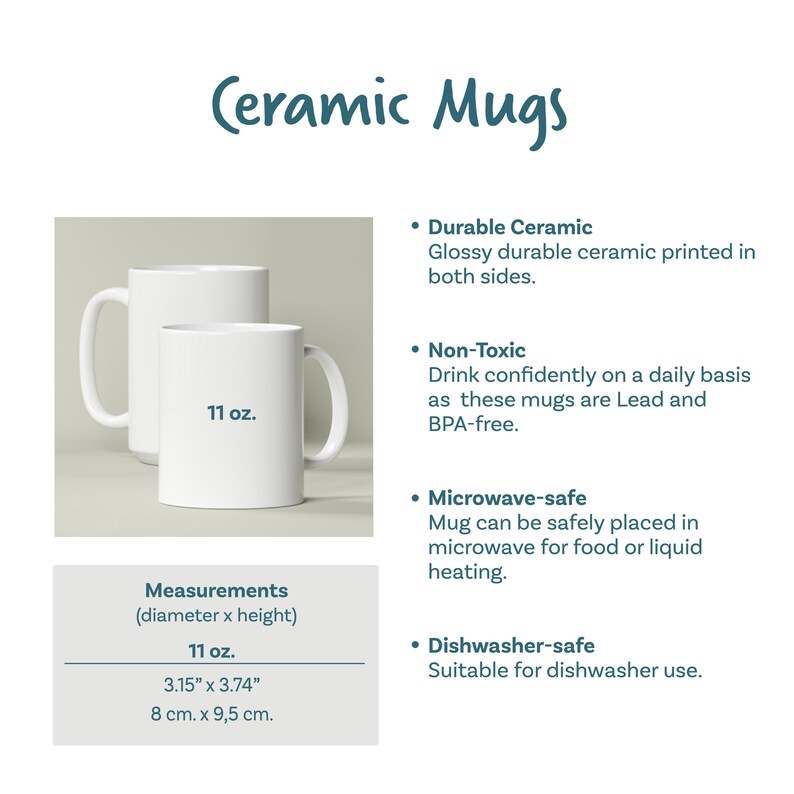 Puede incluir: Dos tazas de cer&aacute;mica blancas, una delante de la otra, con el texto "Ceramic Mugs" en la parte superior. La taza delantera tiene impreso "11 oz.". Medidas: 8 cm x 9,5 cm.