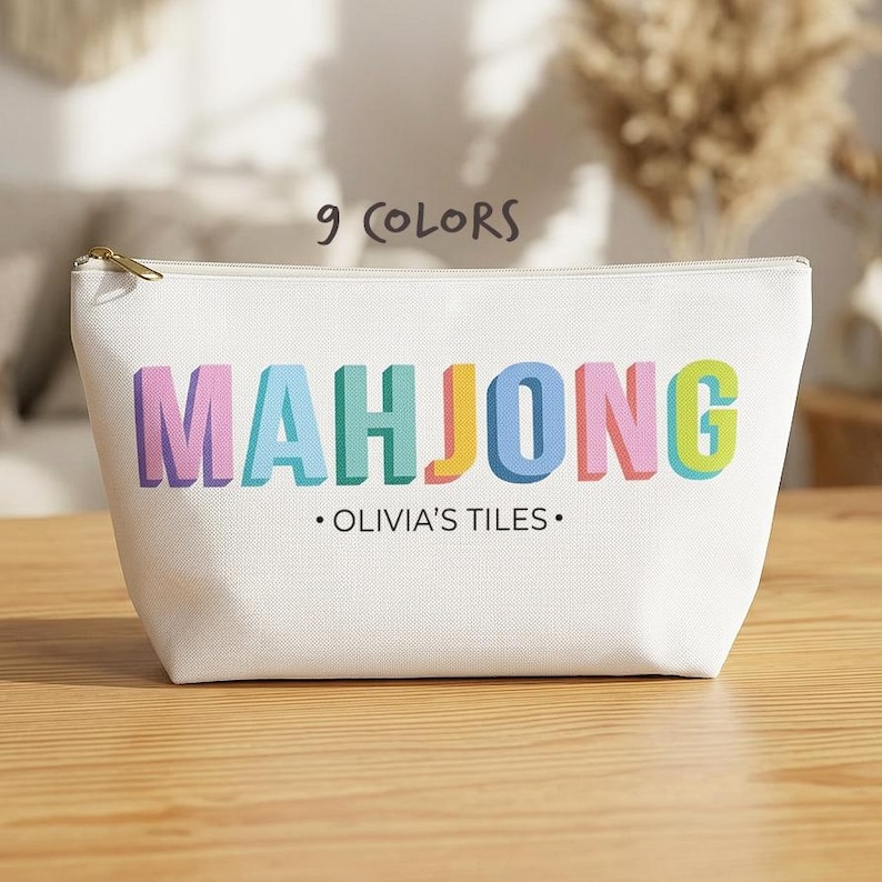 Personalized Mahjong Tile Bag, Custom Name Tile Pouch, Mahjong gifts for women, 9 Colors, Mahj Game Night, Mah Jongg Gift, Apres Mahj Multi WhiteZipper