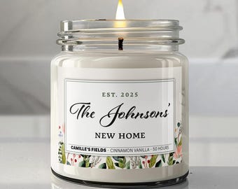 Gepersonaliseerde New Home-kaars, op maat gemaakt eerste huiscadeau, kaars nieuw huis, sluitingscadeau makelaar. 9 oz sojakaars