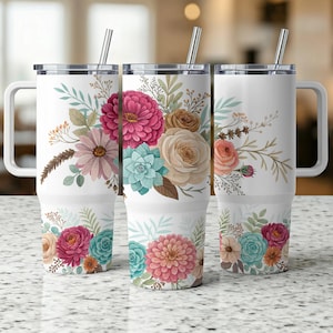 Floral Tumbler Wrap: Pink Roses, 40oz Sublimation Design (Digital Download PNG Files)