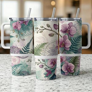 Orchid 40 oz Tumbler wrap, Floral Tumbler, Watercolor Design, Digital download, Floral 40oz tumbler with handle