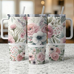 Pink Floral 40 oz Tumbler Wrap, Watercolor Flowers Design, Feminine Tumbler Skin, Floral Tumbler , Pretty Tumbler Wrap Digital download