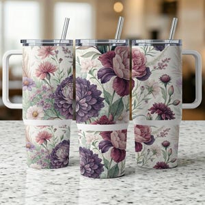 Floral 40 oz Tumbler Wrap, Watercolor Flowers Design, Elegant Tumbler Skin, Peony Tumbler Wrap, Purple Pink Flower Digital download