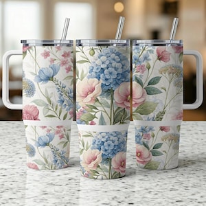 Floral 40 oz Tumbler Wrap, Watercolor Flower Design, Pink and Blue Flowers, Floral Tumbler Design, Floral Tumbler Wrap PNG,Digital download