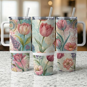 Watercolor Floral Tumbler Wrap: Spring Tulip Design (Digital Download, 40 oz Tumbler PNG Files)
