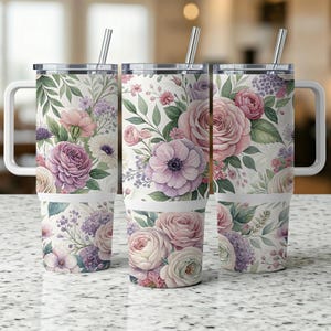 Floral 40 oz Tumbler Wrap, Watercolor Flowers, Pink Purple Botanical Design, Spring Tumbler , Digital download