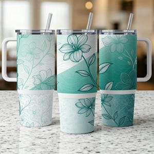 Teal Floral 40 oz Tumbler Wrap, Flower Design, Elegant Botanical, Unique Gift, Stylish Drinkware, Floral Lovers, Tumbler Digital download