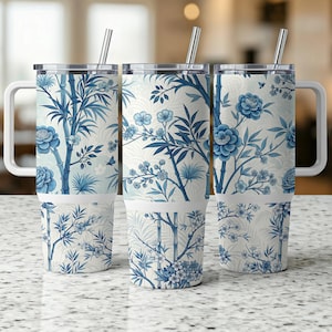Floral Chinoiserie Tumbler Wrap: Blue & White Bamboo Design (Digital Download, 40oz Tumbler PNGs)
