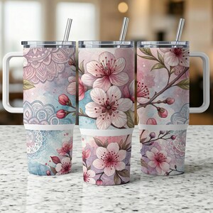 Cherry Blossom 40 oz Tumbler wrap, Floral Tumbler, Watercolor Flower Tumbler, Digital download, Floral 40oz tumbler with handle