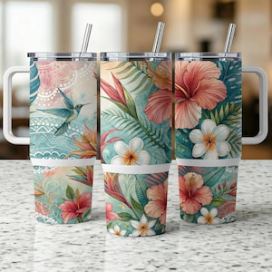 Tropical Watercolor 40 oz Tumbler wrap, Floral Tumbler, Hawaiian Flower Tumbler,Digital download, 40oz tumbler with handle
