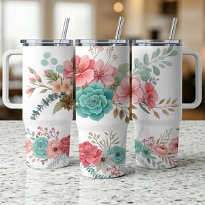 Floral Tumbler Wrap PNG | 40 oz Tumbler Digital Download | Boho Flower Cup Design | Sublimation Wrap for Stanley | Instant Download