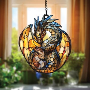 Fantasy Dragon Faux Stained Glass Suncatcher, Dragon Family Gift, Book Lover Gift, Dragon Art for Bookworms and Bookshelf Decor