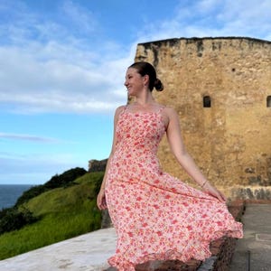 Pink Floral Midi Dress &quot;Beatriz&quot; | Romantic Cottagecore Garden Party | Guest Dress | Summer/Spring Pastel Flower Print