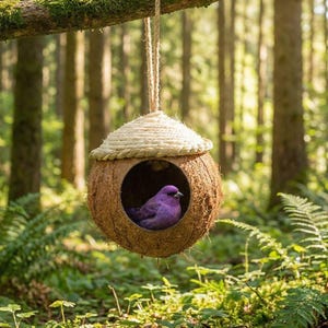 Casita para pájaros de coco, colgador de cáscara de coco, cuerda de cáñamo, nido colgante para pájaros, decoración natural para jardín, adorno para exteriores, regalo para amantes de la naturaleza