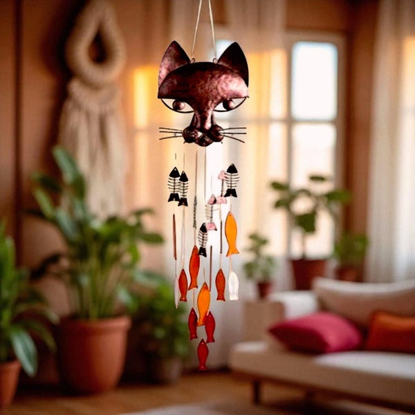Metal Cat Wind Chime Copper Cat Wind Chime Wood Chime Decor Catfish Wind Chime Home Garden Chime Patio Porch Chime Courtyard Chime