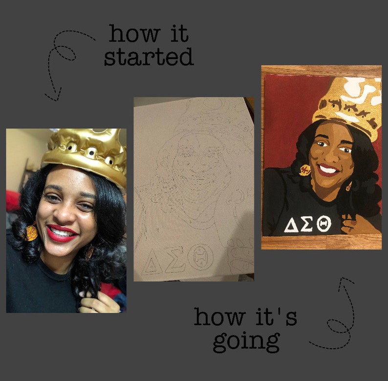 May include: A progress photo of a painting in progress. The image on the left shows a woman wearing a gold crown and a black shirt. The image on the right shows a painting of a woman wearing a gold crown and a black shirt with the letters "&Delta;&Sigma;&Theta;" on the front. The image in the middle shows the painting in progress with the letters "&Delta;&Sigma;&Theta;" on the front.