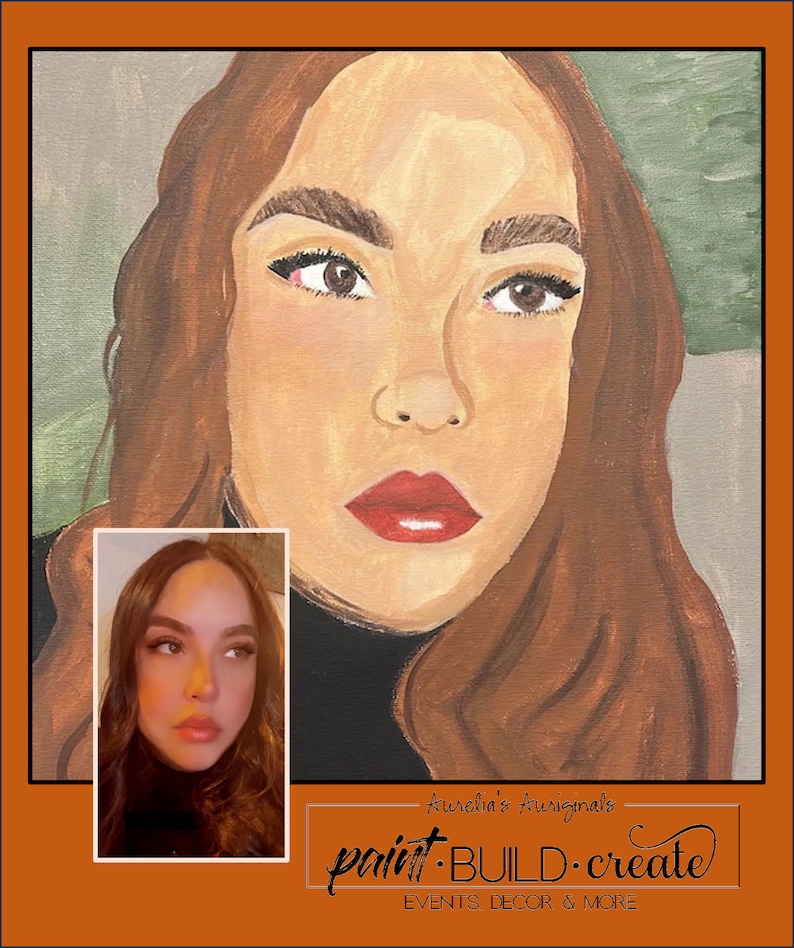May include: A painting of a woman with long brown hair, wearing a black turtleneck sweater. The painting is in a realistic style and the woman's face is the main focus of the image. The text "Aurelia's Originals paint.BUILD.create EVENTS DECOR & MORE" is at the bottom of the image.