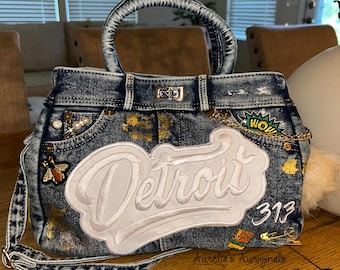 Denim Patch Junk Bag Purse Tote - Custom Freestyle Detroit Edition