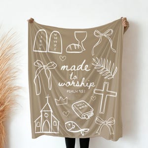 Made to Worship Bible Verse Blanket Christian Minky Plush Blanket with Bow Doodle Woven Psalms 95:1 Verse Blanket Tapestry Room Decor Women