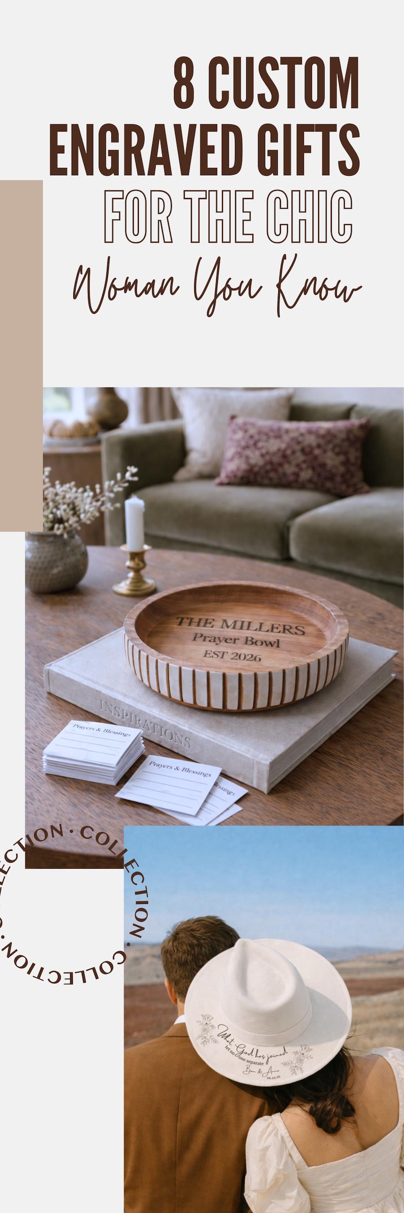May include: A wooden prayer bowl with engraved text, resting on a book, with the text "THE MILLERS Prayer Bowl EST 2026". The image also includes the text "8 CUSTOM ENGRAVED GIFTS FOR THE CHIC Woman You Know".
