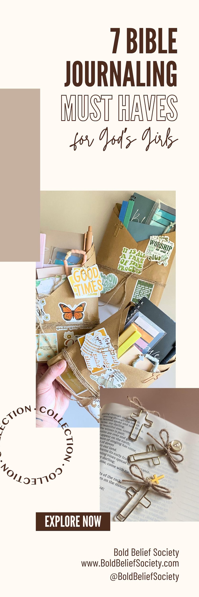May include: A collection of brown paper envelopes filled with stationery, journals, and stickers featuring text like "GOOD TIMES" and "IT IS ALL A PART OF THE PROCESS." A Bible page with a gold cross paperclip and a metal charm is also visible.