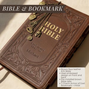 Large Print KJV Bible with Tabs Brown Faux Leather Custom Initial Charm Bookmark Gift Set for Baptism Bible Christian Armor of God Bible & Bookmark