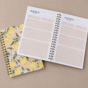 May include: Two spiral-bound sermon notes journals with a lemon and blossom pattern on the cover. The open journal displays pages with sections for date, speaker, sermon title, scriptures referenced, key takeaways, and lined space for notes.