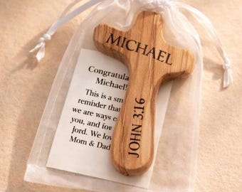 Personalized Olive Wood Comfort Cross Hand Carved Prayer Cross Custom Engraved Pocket Cross Christian Gift for Encouragement Baptism