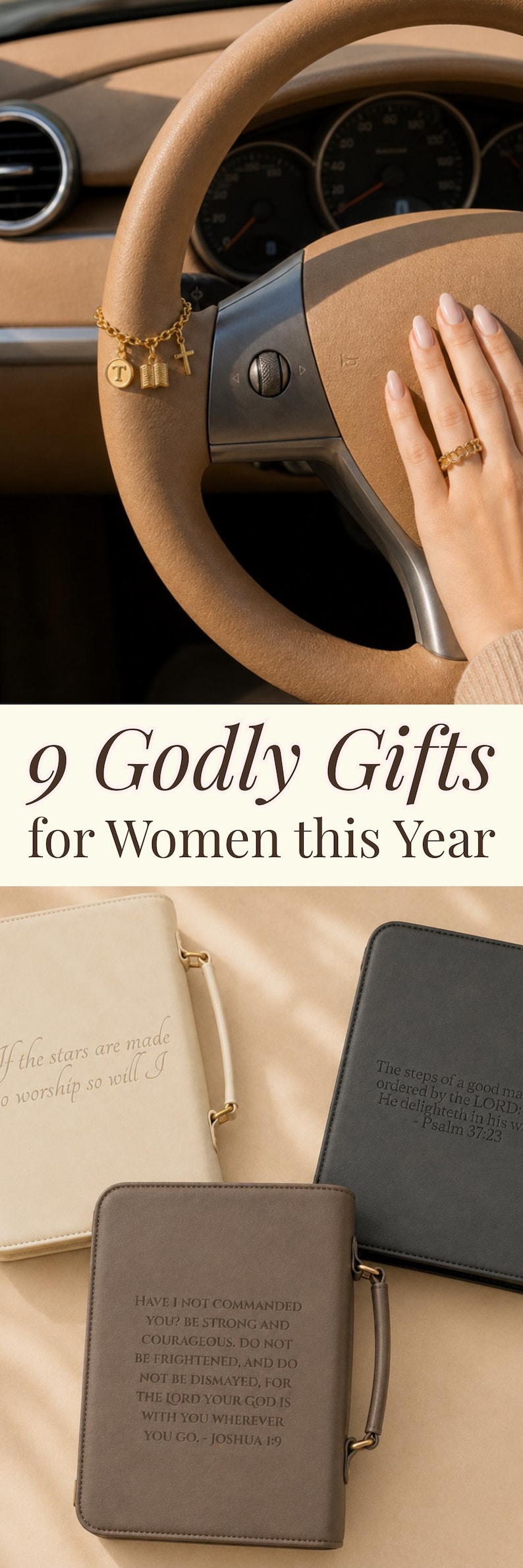 May include: A gold charm bracelet with a cross, book, and letter T, a gold ring, and three rectangular cases with text: 9 Godly Gifts for Women this Year, If the stars are made to worship so will I, Psalm 37:23, and Joshua 1:9.