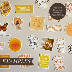 May include: A collection of assorted stickers with religious and inspirational themes. The stickers feature various designs, including floral accents, quotes, and images of Jesus. The text "EXAMPLES" is visible on a banner. The stickers are in various shapes and sizes.