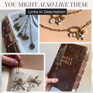 May include: A collage of jewelry and bookmarks. One image shows a gold chain necklace with charms. Another shows a brown leather Bible with a bookmark. The text "YOU MIGHT ALSO LIKE THESE" and "Links in Description" are visible.