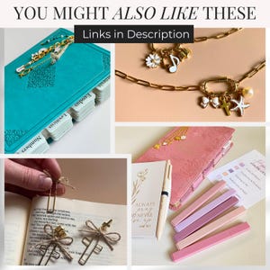 Puede incluir: Un collage de accesorios religiosos. Incluye una Biblia turquesa con detalles dorados, collares con colgantes dorados, marcadores de clip con dijes de cruz, un diario rosa, un bol&iacute;grafo y resaltadores rosas. El texto dice "Links in Description" y "ALWAYS pray I'd never give up."