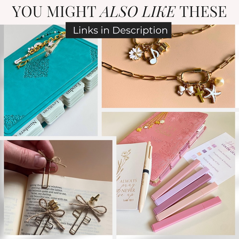 Puede incluir: Un collage de accesorios religiosos. Incluye una Biblia turquesa con detalles dorados, collares con colgantes dorados, marcadores de clip con dijes de cruz, un diario rosa, un bol&iacute;grafo y resaltadores rosas. El texto dice "Links in Description" y "ALWAYS pray I'd never give up."