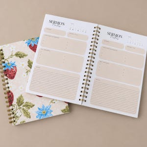May include: A spiral-bound sermon notes journal with a beige cover featuring a pattern of red strawberries, green leaves, and blue flowers. The open pages display printed sections for date, speaker, sermon title, scriptures, and key takeaways.