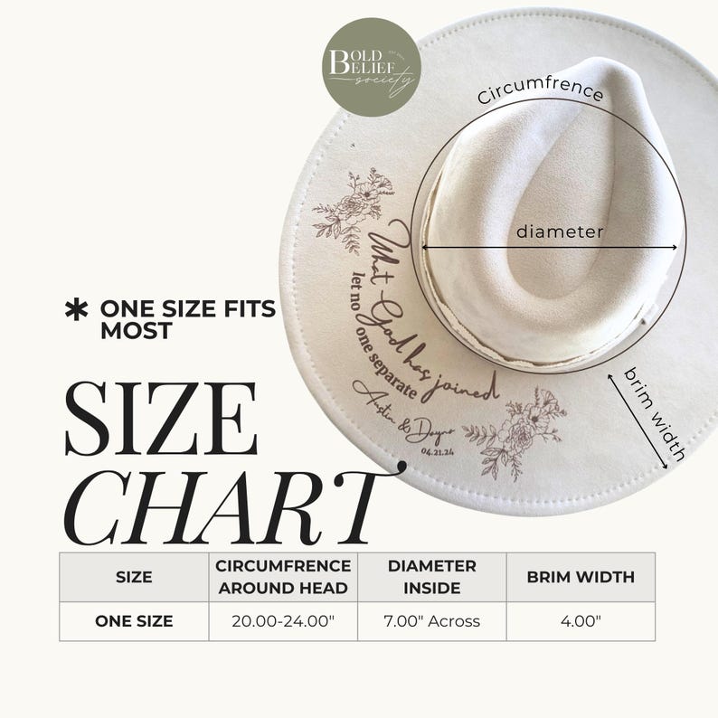 Puede incluir: Un sombrero fedora color crema con detalles florales y el texto "What God has joined, let no one separate." El ancho del ala del sombrero es de 10,16 cm, y la circunferencia alrededor de la cabeza es de 50,80-60,96 cm. El di&aacute;metro interior es de 17,78 cm.