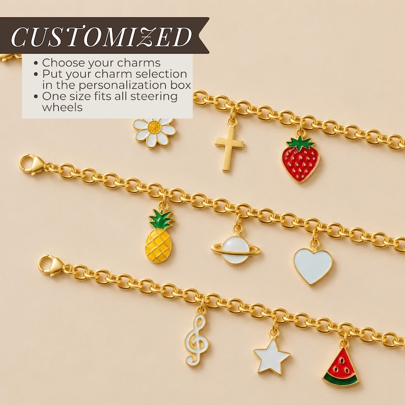 May include: Three gold-toned link chains featuring various enamel charms including a white daisy, a gold cross, a red strawberry, a yellow pineapple, a white planet, a white heart, a white treble clef, a white star, and a watermelon slice.