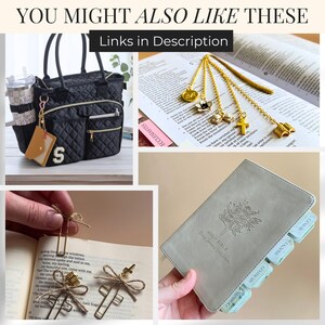 May include: A collage featuring a black quilted tote bag with a letter S patch, gold-toned metal bookmarks with charms on an open book, cross-shaped paper clips with twine bows, and a light gray Bible cover with floral embossing and index tabs.